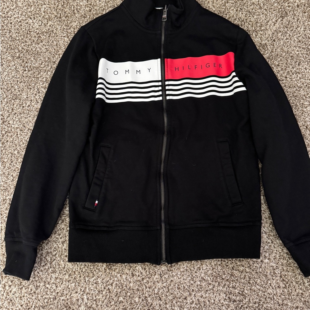 Tommy Hilfiger Black Zip Up Sweater with Color-Block Design